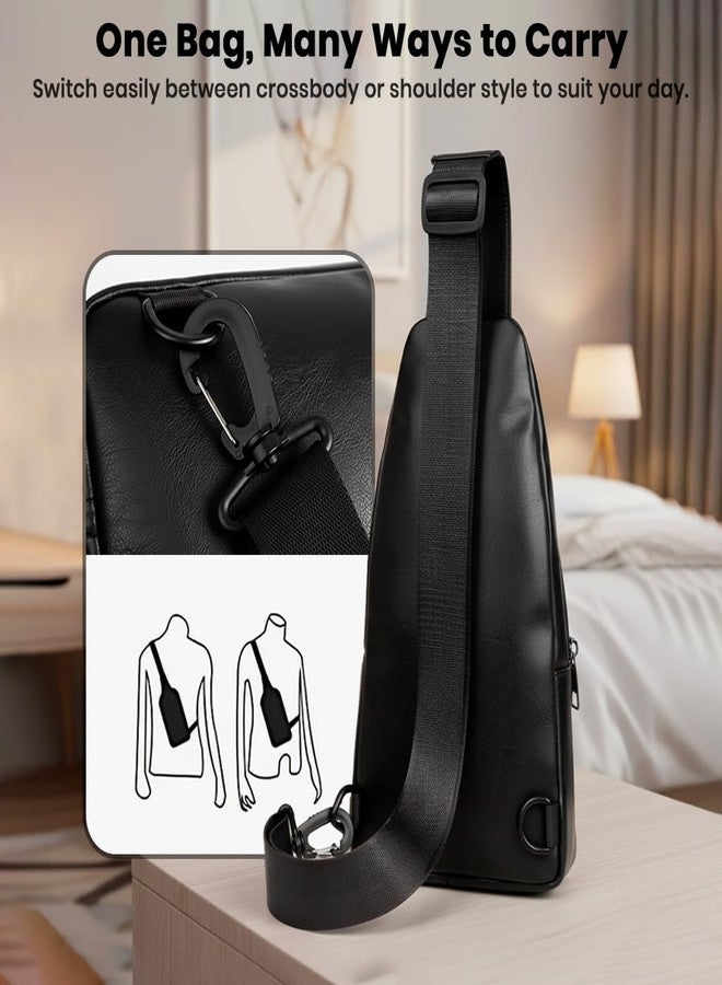 TECPHILE Classic 2008 PU Leather Sling Bag, Adjustable & Detachable Straps, 4 Storage Sections, Front Access Pocket, Key Chain Holder, Durable & Stylish, Unisex (Black) - Image 5
